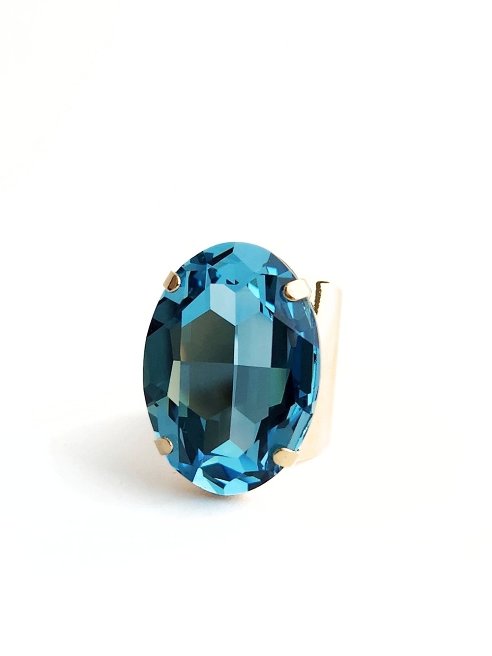 Aquamarine Austrian Crystal Statement Ring - Gold - Adjustable - Picture 3 of 5